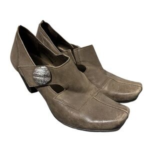 FIDJI Leather Comfort Heels Mary Jane Retro Hippie Antique Grey Women Sz 6 EU 36